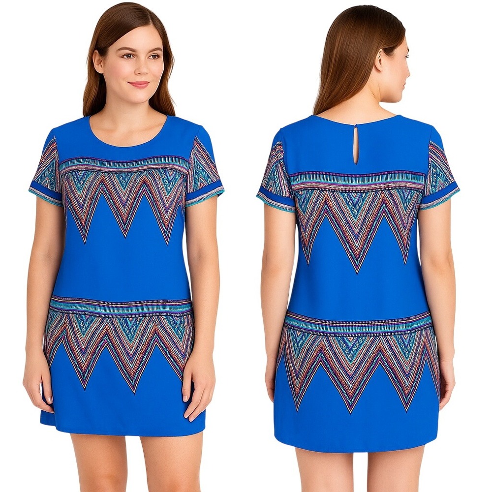 Jodi Kristopher Shift Dress Blue Geometric Print‎ Short Sleeve Summer Casual M